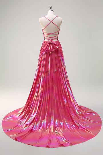 Fuchsia A-Line Spaghetti stropper Metallisk plisseret lang gallakjole med slids